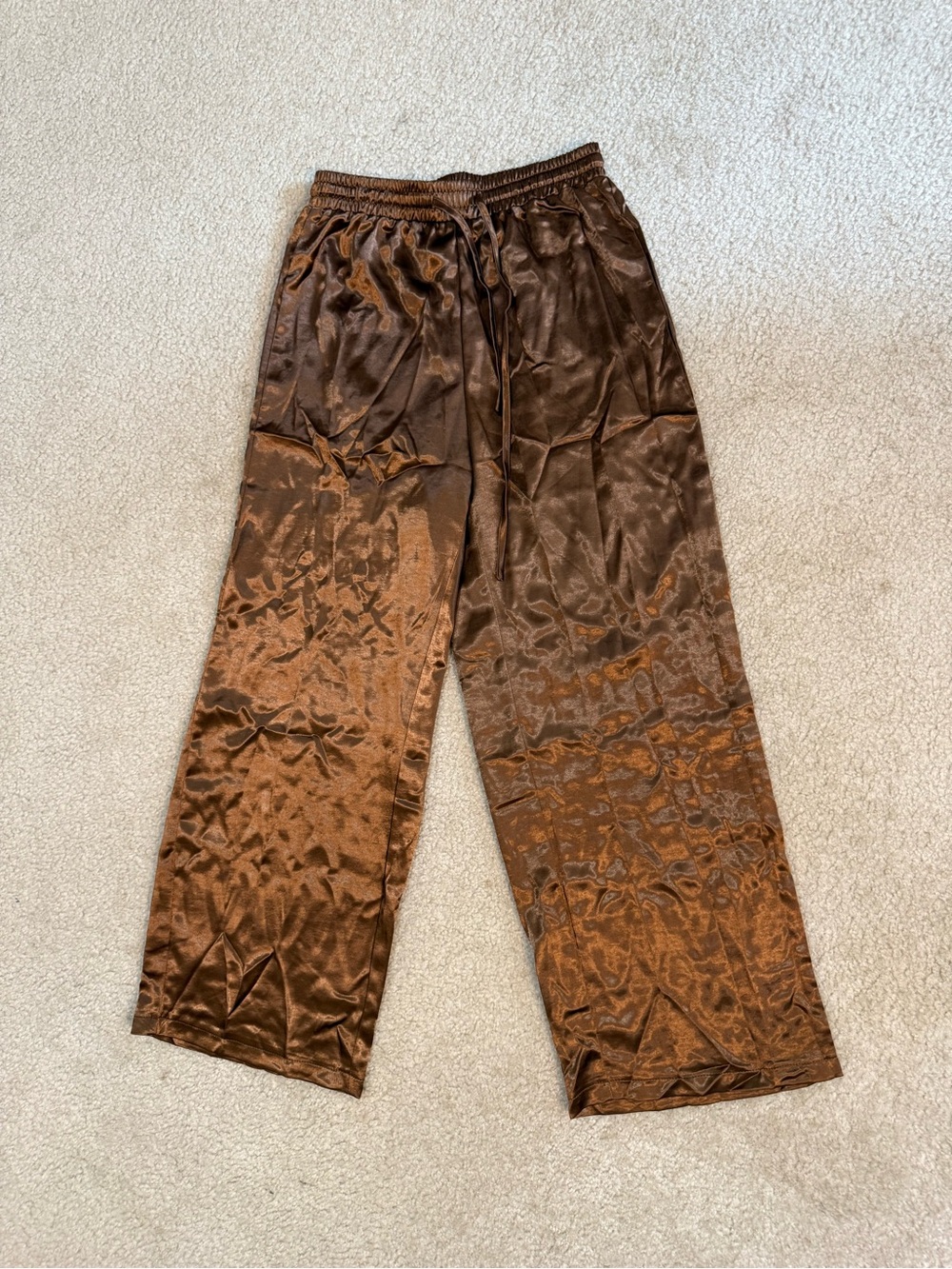 Wide Leg Satin Pants - Brown